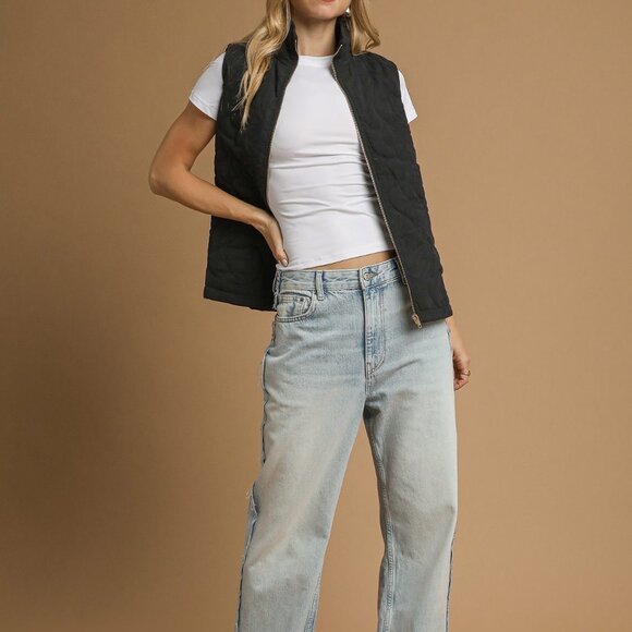 Umgee Quilted Floral Zip Up Vest with Pockets - Picture 4 of 5